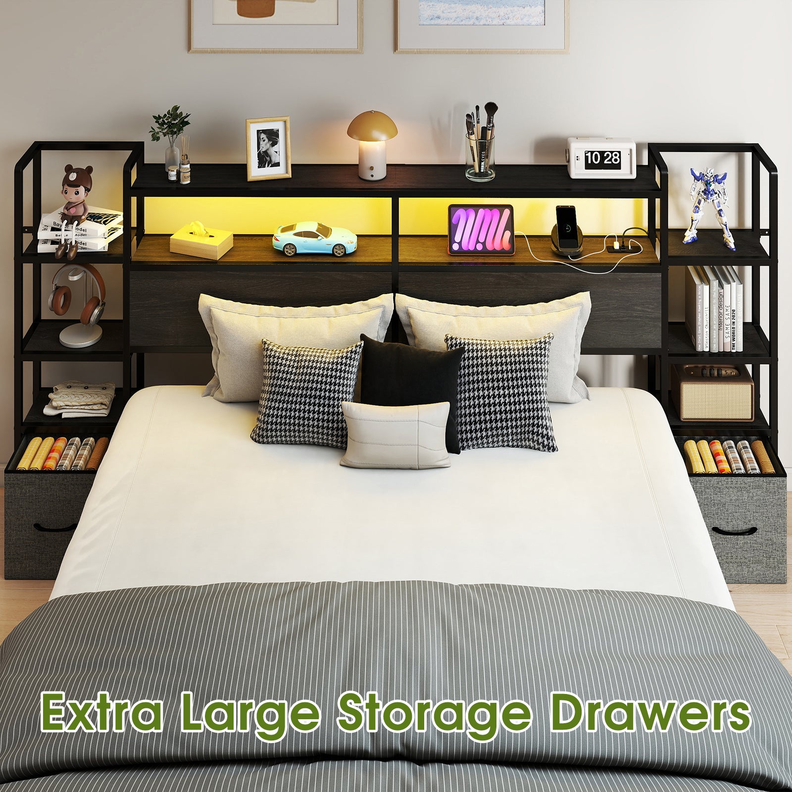 Rustic Grey Headboard with RGB LED, Charging Station,3 Tier Storage Shelves  & 2 Drawers – Fits Full/Queen/King