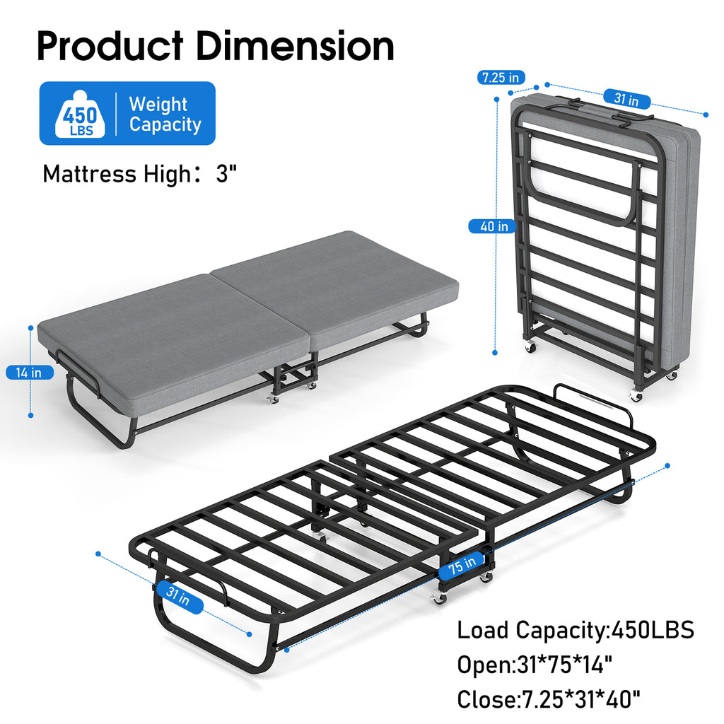 Foldable Guest Bed with Mattress – Rolling Folding Bed Frame with Locking Wheels – Guest & Roll Away Bed