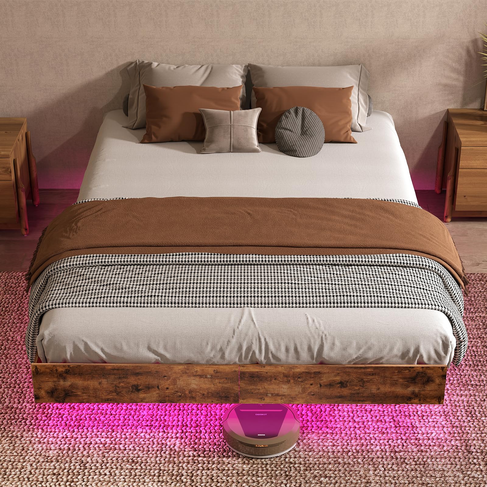 Floating Bed Frame Queen with LED Lights,No Box Spring Needed, Noise Free