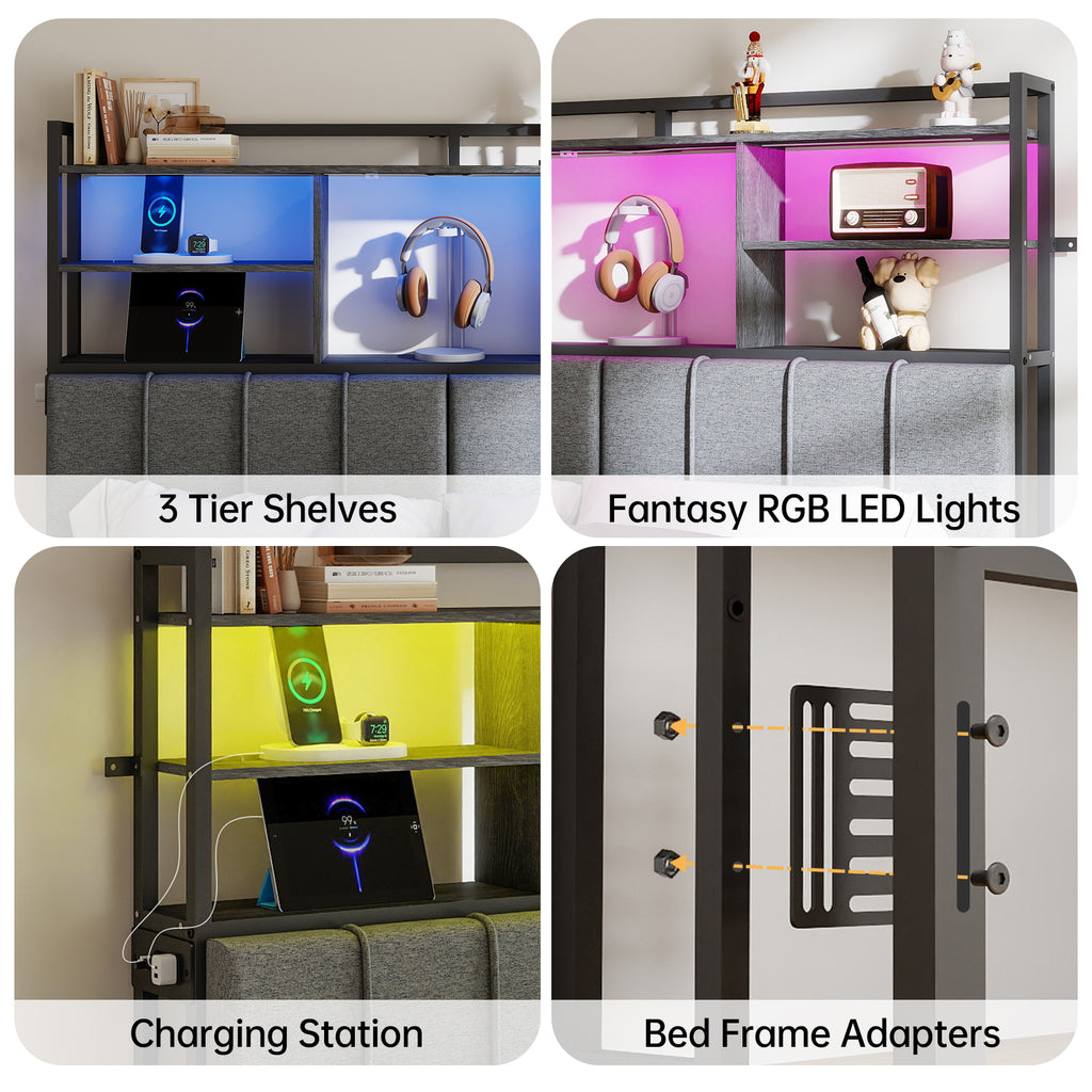 Upholstered Headboard with RGB LED & 5 Storage Cubes – USB / Type-C / Outlets – Twin to King