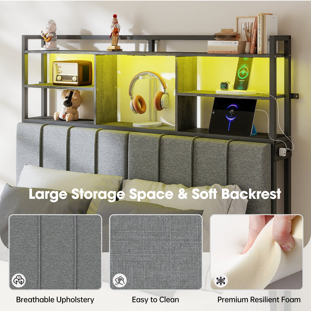 Upholstered Headboard with RGB LED & 5 Storage Cubes – USB / Type-C / Outlets – Twin to King