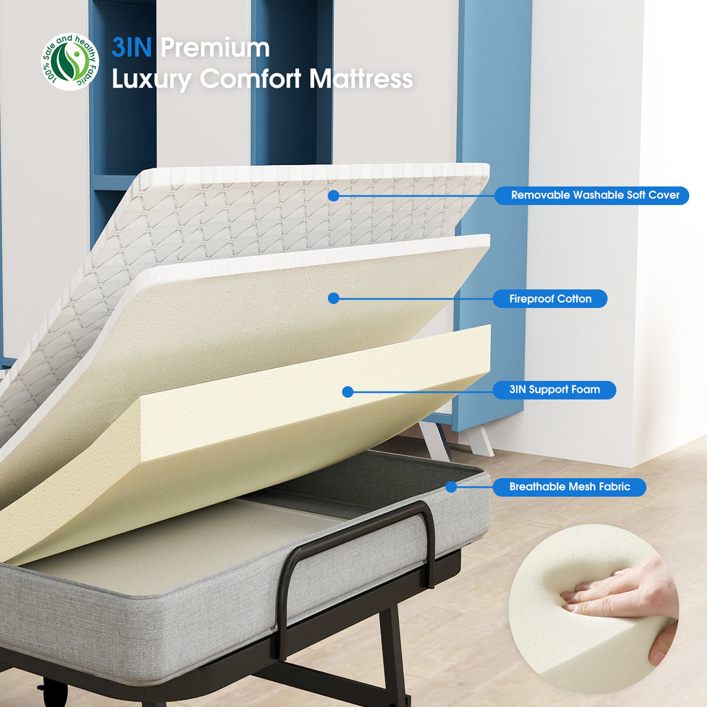Foldable Guest Bed with Mattress – Rolling Folding Bed Frame with Locking Wheels – Guest & Roll Away Bed