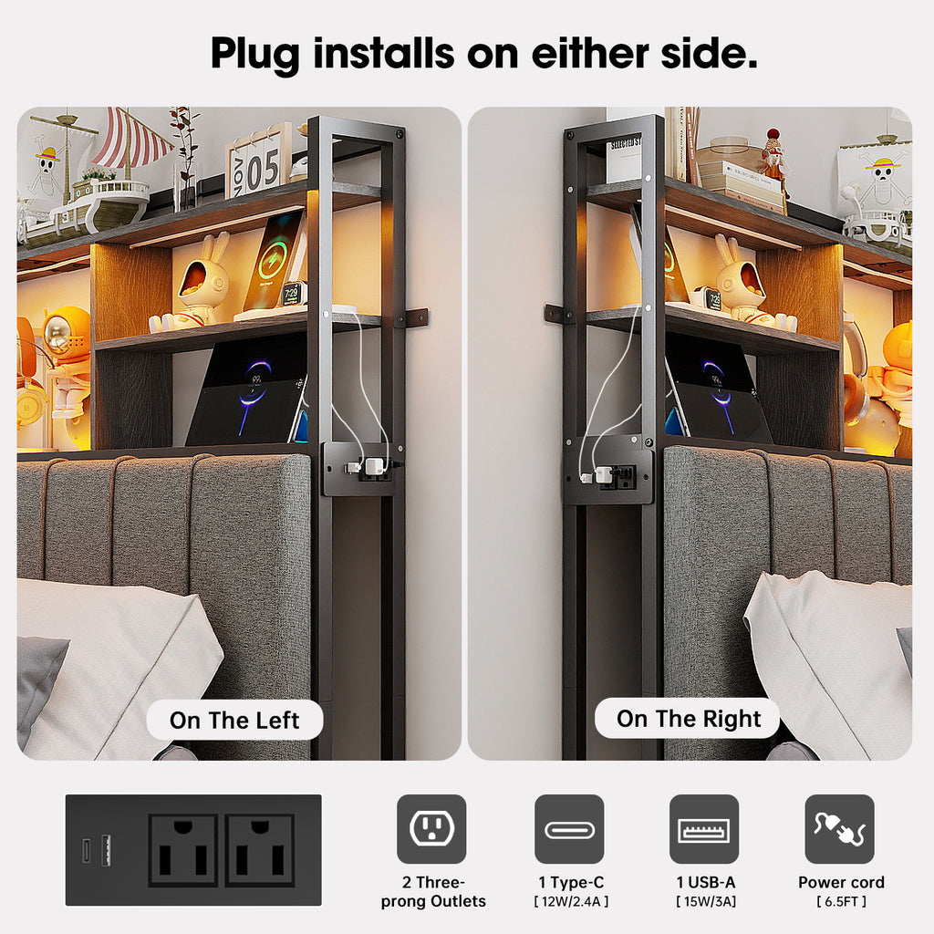 Upholstered Headboard with RGB LED & 5 Storage Cubes – USB / Type-C / Outlets – Twin to King