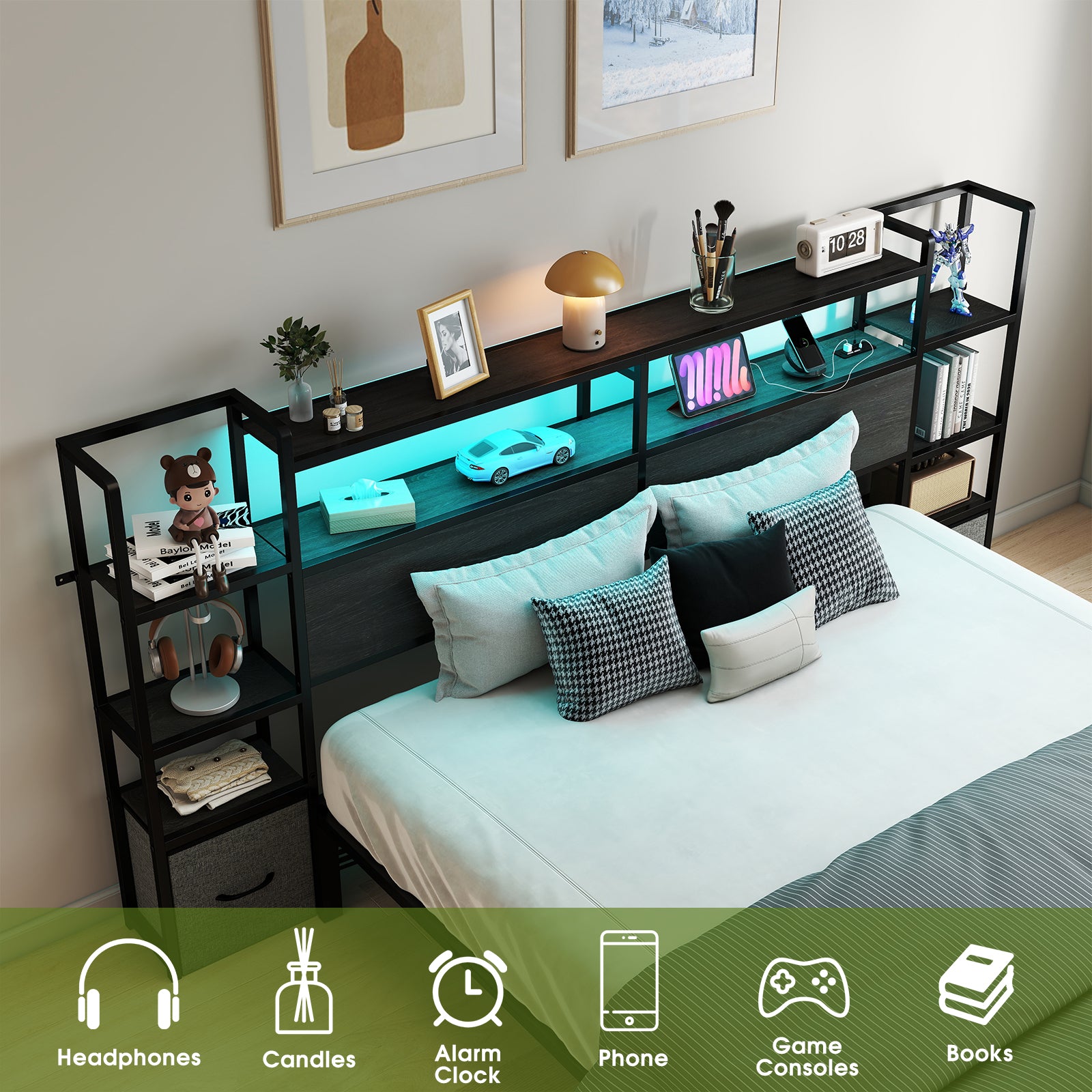 Rustic Grey Headboard with RGB LED, Charging Station,3 Tier Storage Shelves  & 2 Drawers – Fits Full/Queen/King