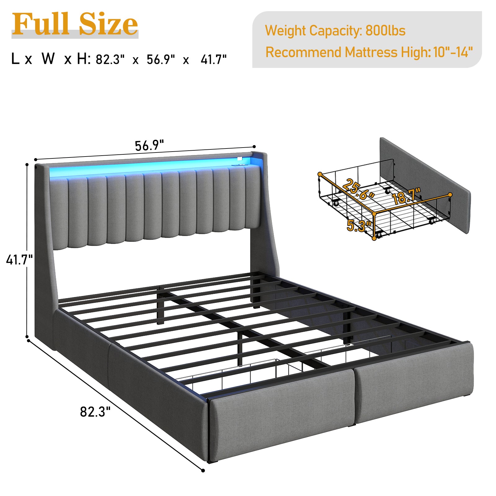 Platform Bed Frame with LED Lights, Headboard & Storage Drawers