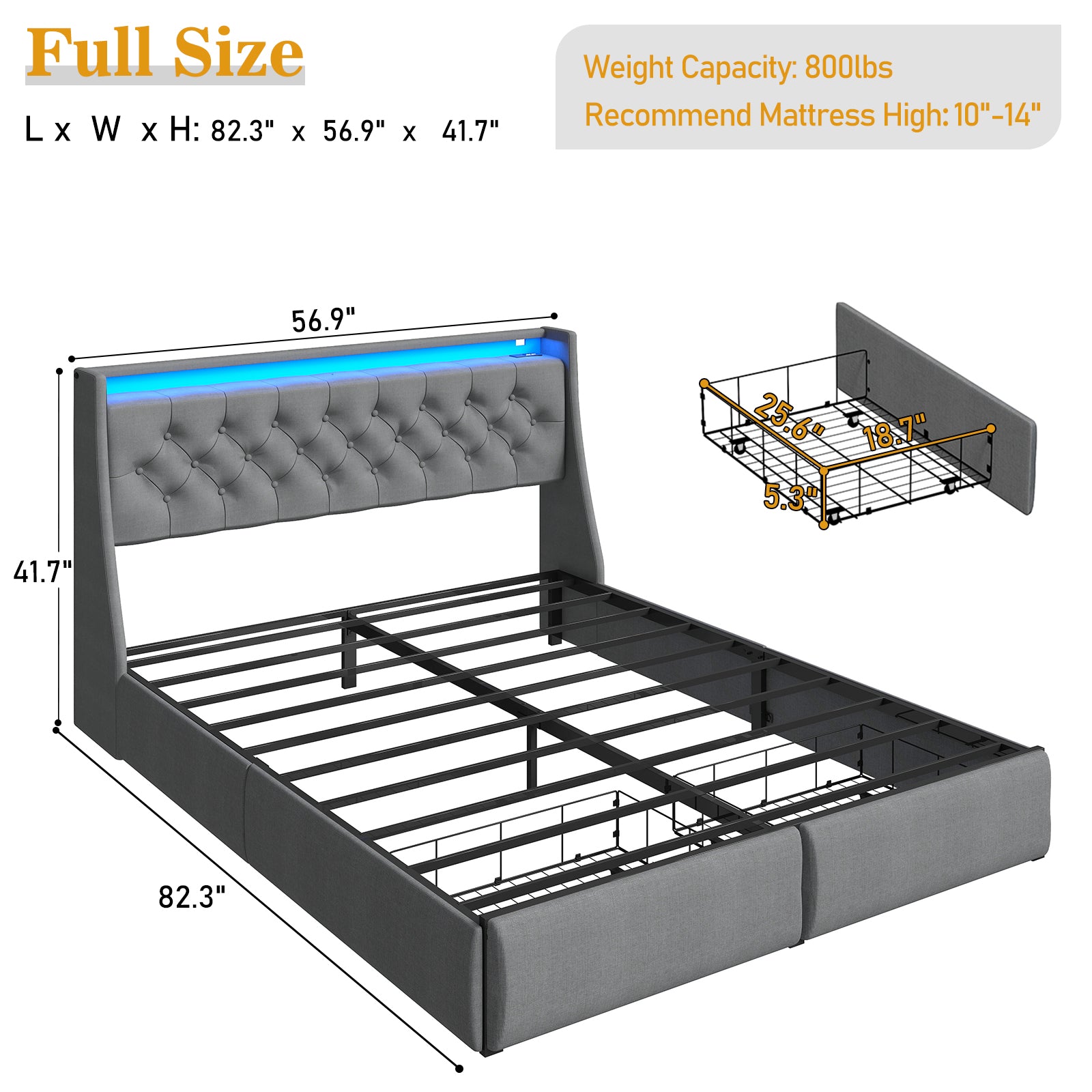Upholstered Platform Bed Frame with Storage Drawers, LED Lights & Charging Station | Full, Queen & King