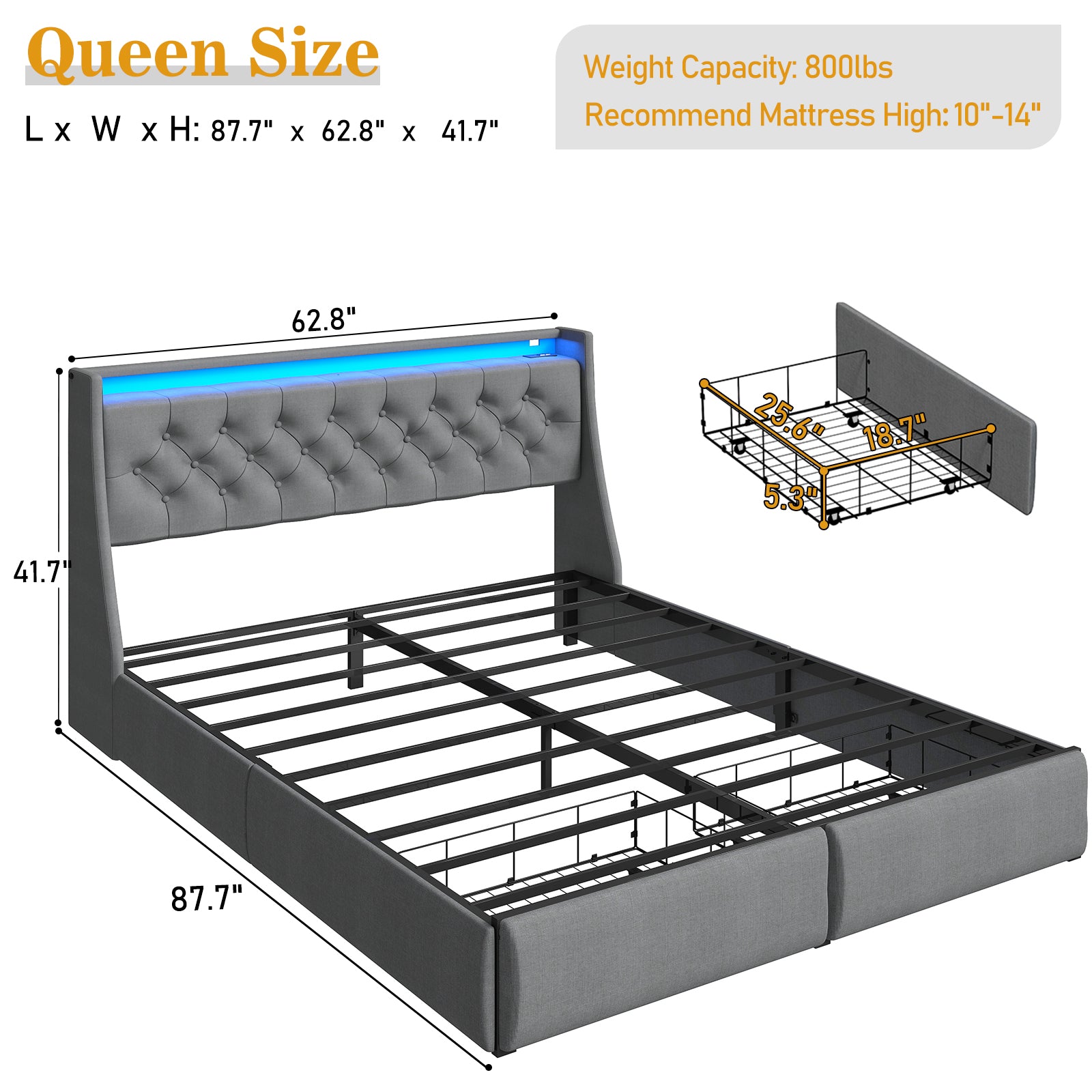 Upholstered Platform Bed Frame with Storage Drawers, LED Lights & Charging Station | Full, Queen & King