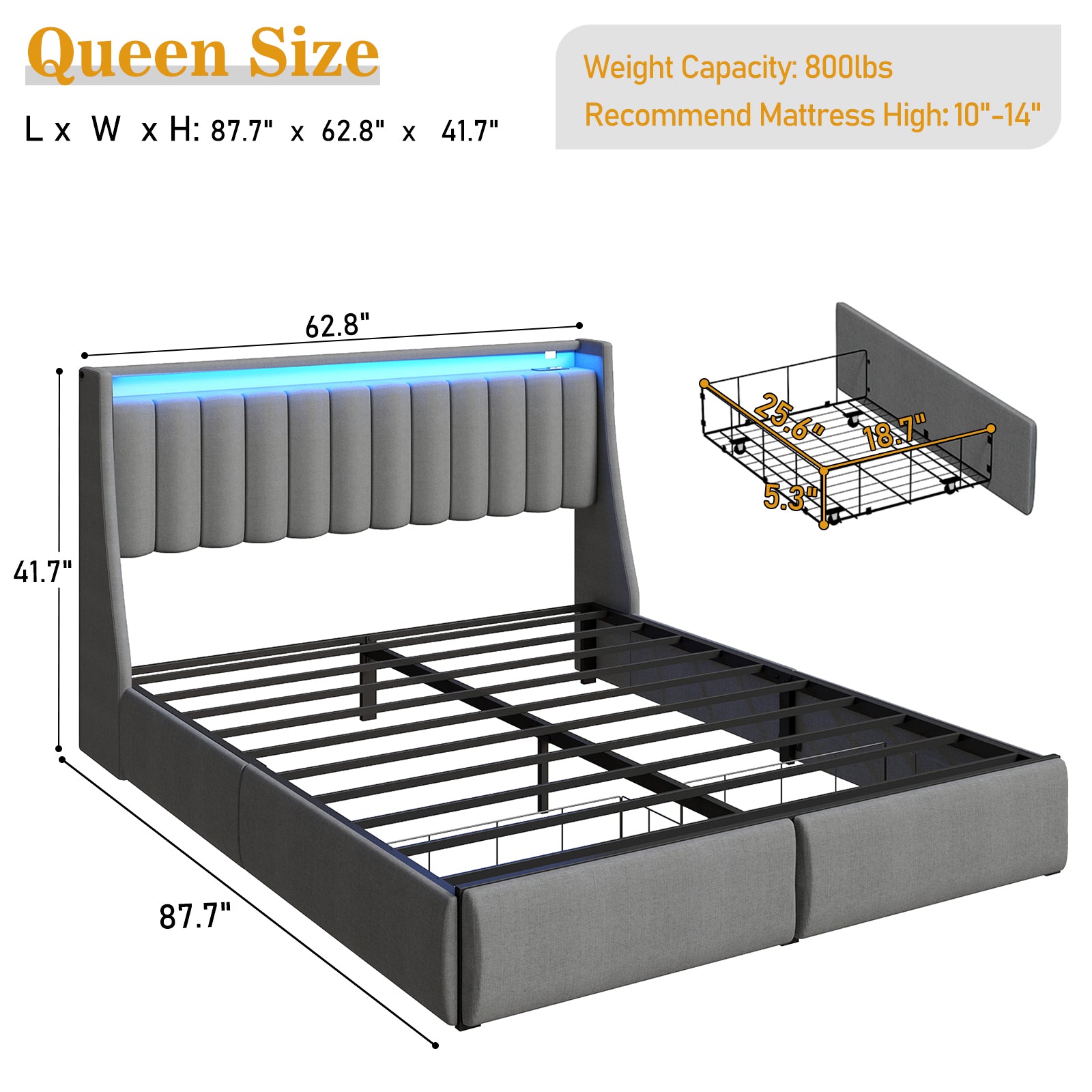 Platform Bed Frame with LED Lights, Headboard & Storage Drawers
