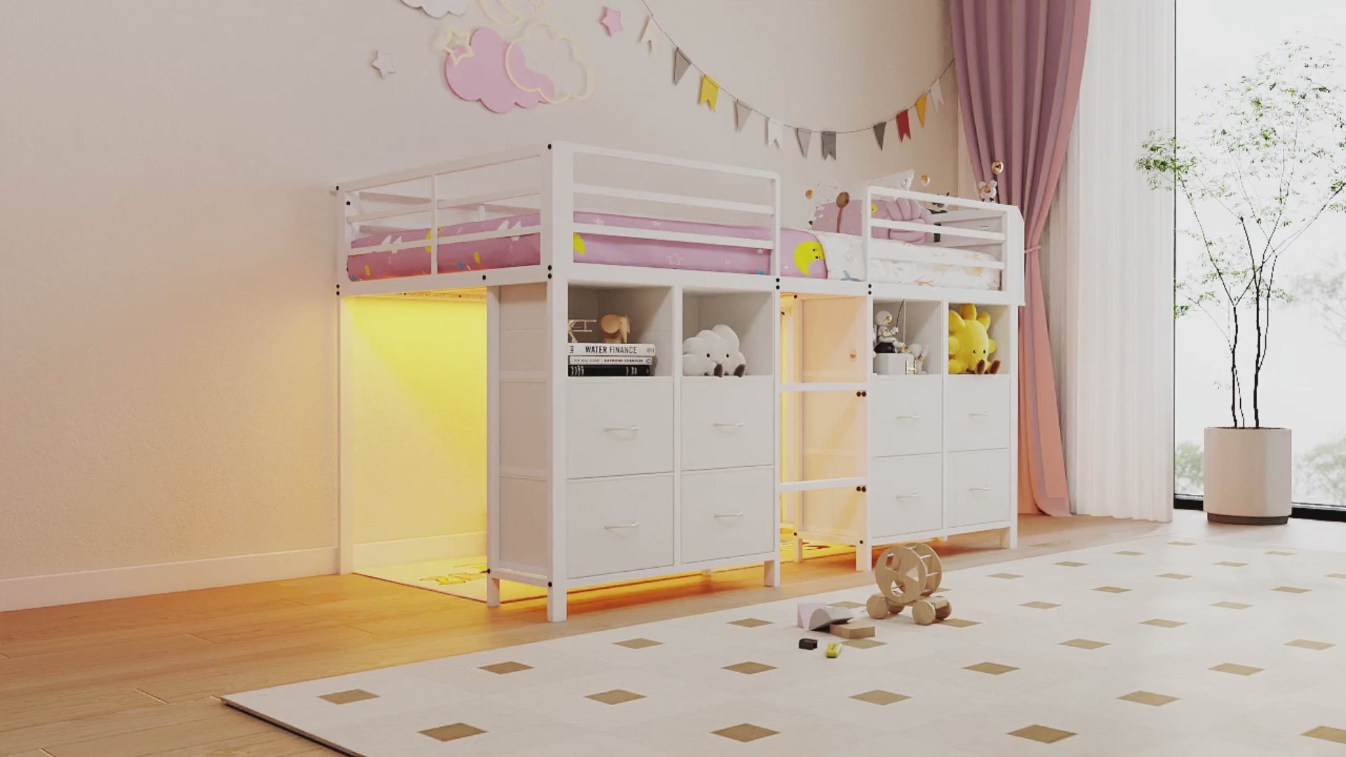 Kids Twin Low Loft Bed with 8 Storage Drawers & 4 Cubbies, RGB LED Lights & Under-Bed Play Space | White Metal Frame, Anti-Tip
